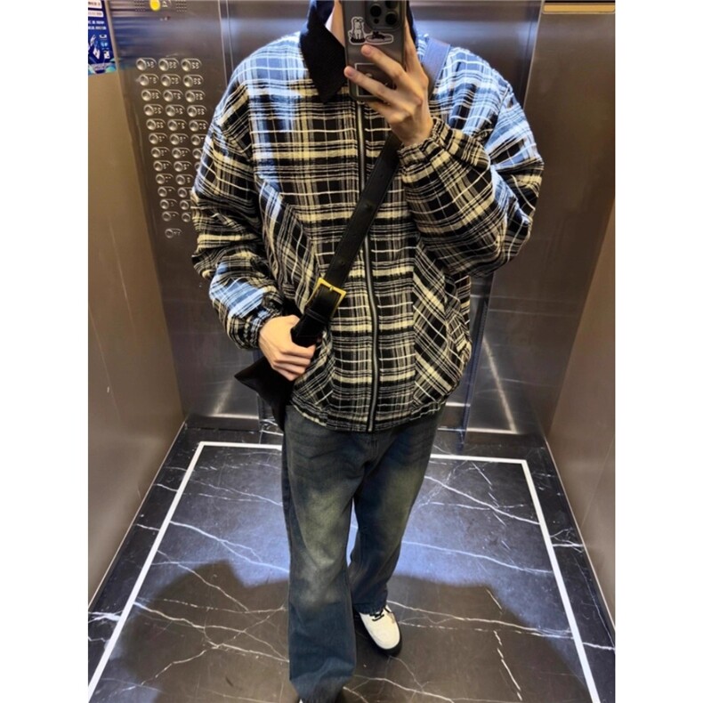 外套男春秋季新款美式复古潮牌百搭撞色翻领宽松条纹休闲夹克,男装夹克,星座516A