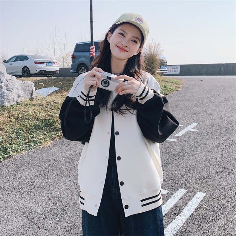 现货主推拼色棒球服休闲时尚短外套,女装短外套,菡迪欧娜