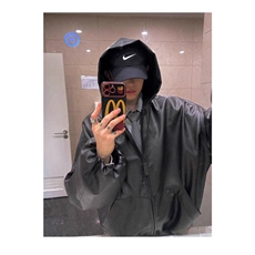 短宽连帽皮衣外套男春秋cleanfit美式痞帅高级感廓形宽松PU皮夹克，男装皮衣，星座506A