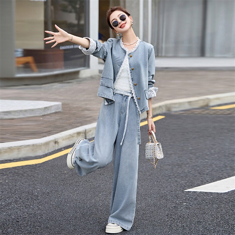 蕾丝拼接牛仔阔腿裤套装女春秋2025新款两件套独特绝美超火高级感,女装套装/套裙,2B115