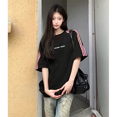 抖音得物品质二开240克宽松纯棉美式潮牌印花三条杠中性风短袖T恤，男装T恤，电商A486