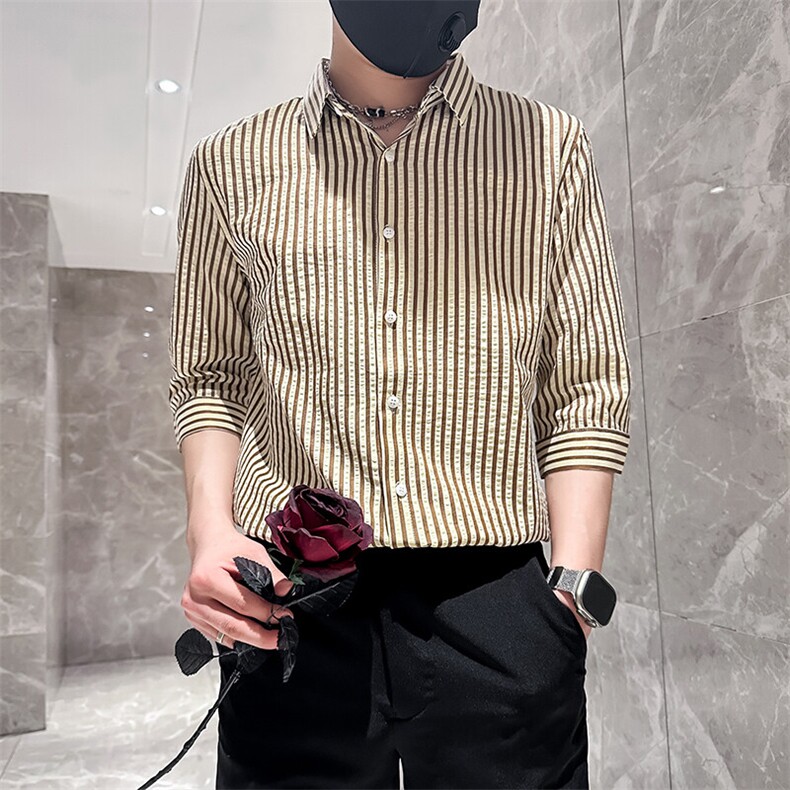 店主风社会小伙男士条纹痞帅七分袖衬衫男修身301A-1/CS422/P55,男装衬衫,星座301A-1