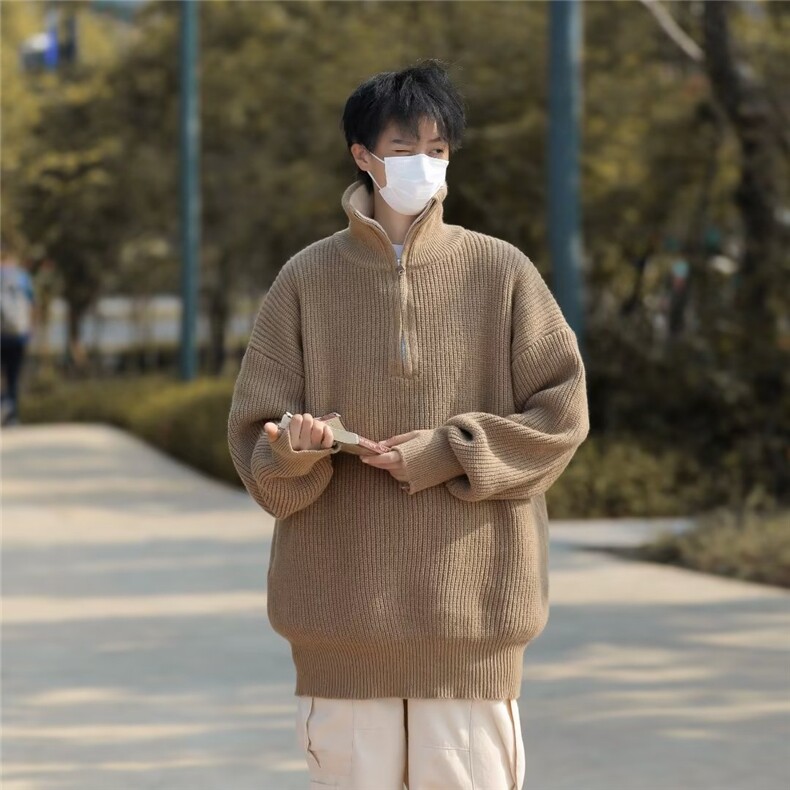 鹿毛绒半拉链美式毛衣男慵懒风休闲针织衫 FB628 P56图片