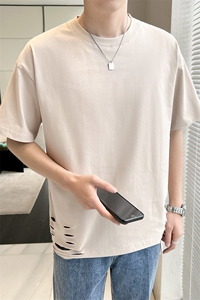 店主风 夏季纯棉短袖T恤男2026新款轻熟风纯色破洞半袖 TX31-P38图片