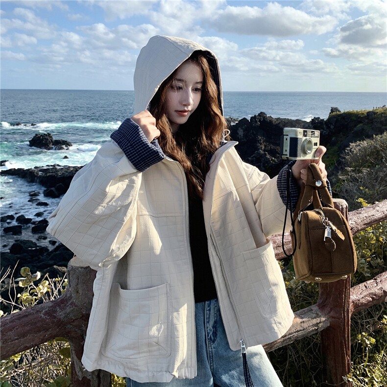 米白色复古格纹拼接连帽夹棉外套女2025韩系宽松休闲加厚保暖上衣,女装棉衣/棉服,2C326