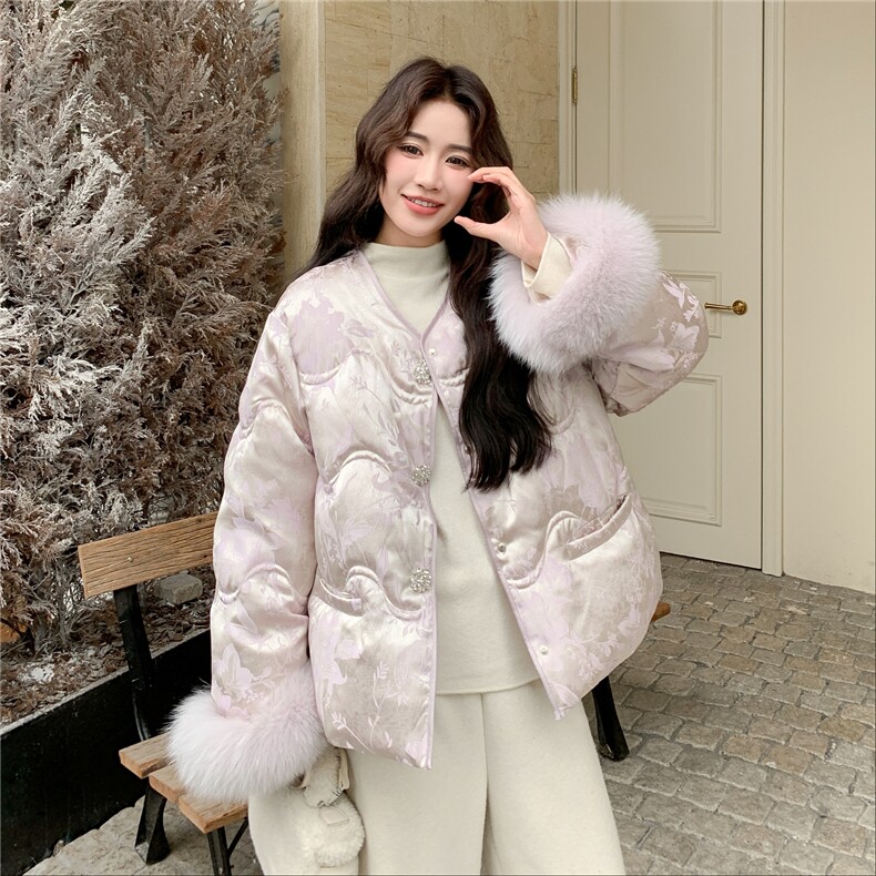 新品新中式风提花羽绒服袖口狐狸毛8352P355(⊙o⊙)98,女装羽绒服,2C081