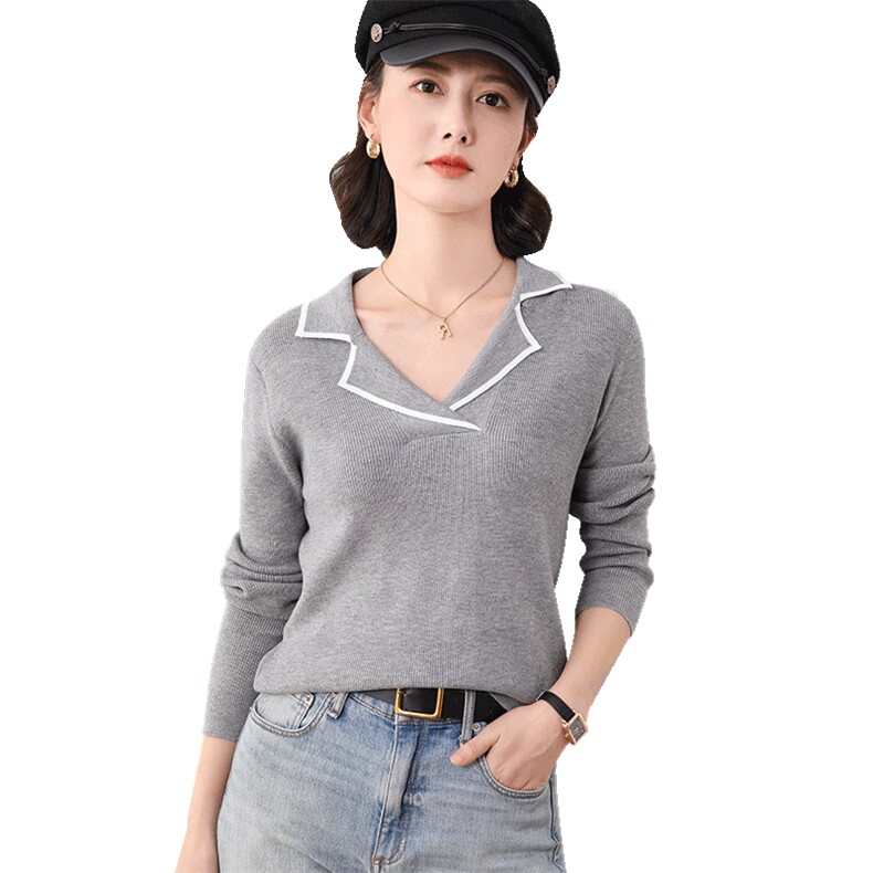 撞色翻领长袖针织衫女薄款2025新款秋季羊毛衫polo领修身套头毛衣,针织衫/毛衣,佳绒包芯纱店