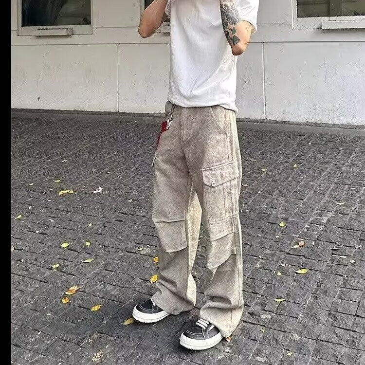 美式复古大理石暗纹口袋直筒阔腿工装伞兵裤+挂坠310A-4-A109-P65,男装牛仔裤,星座310A-4