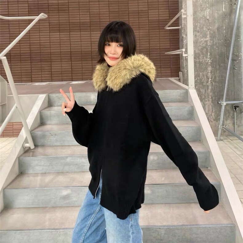 美式复古连帽开衫毛衣男女冬季毛领百搭休闲针织衫慵懒风情侣外套,男装针织衫/毛衣,星座506A