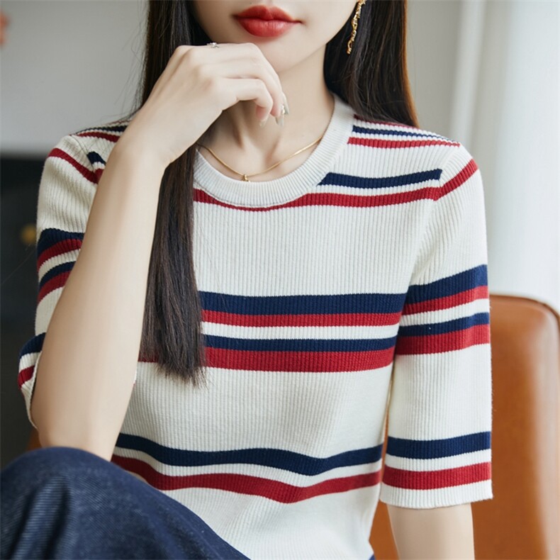 2025简约百搭时尚条纹短袖衬衣针织衫，女装针织衫/毛衣，长今羊