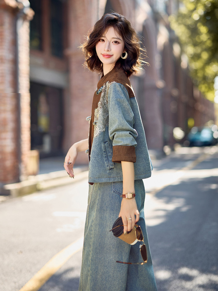牛仔套装女2025秋季新款chic高级感大方得体新中式国风休闲两件套,女装套装/套裙,欣品汇