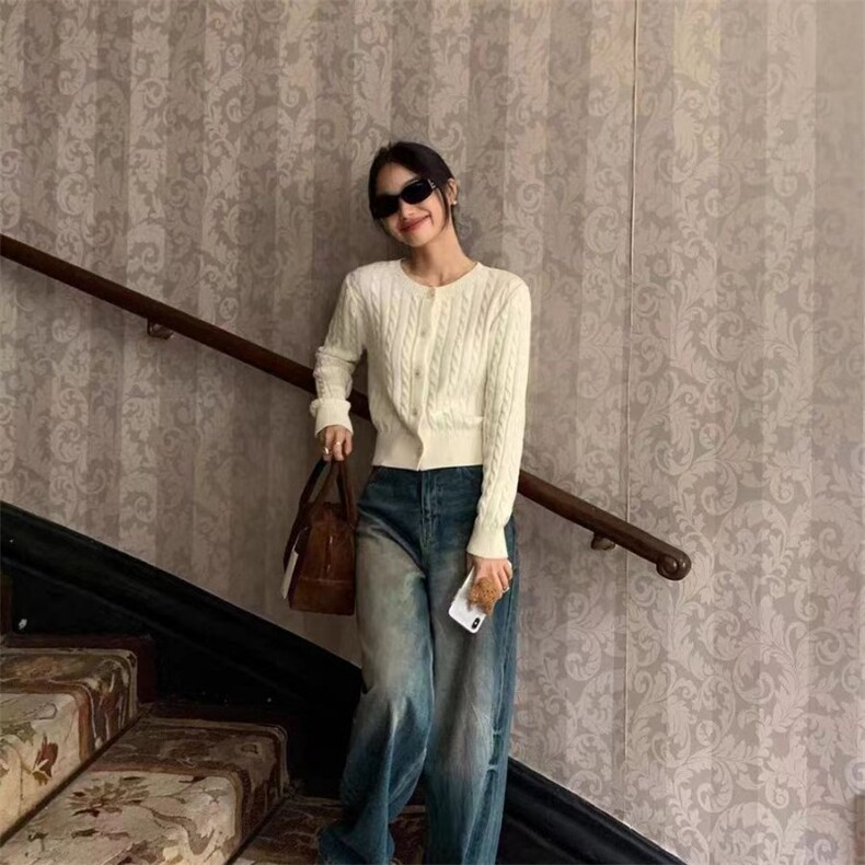 时尚百搭针织开衫显瘦修身短款毛衣外套,女装羊毛衫,泰沅羊绒