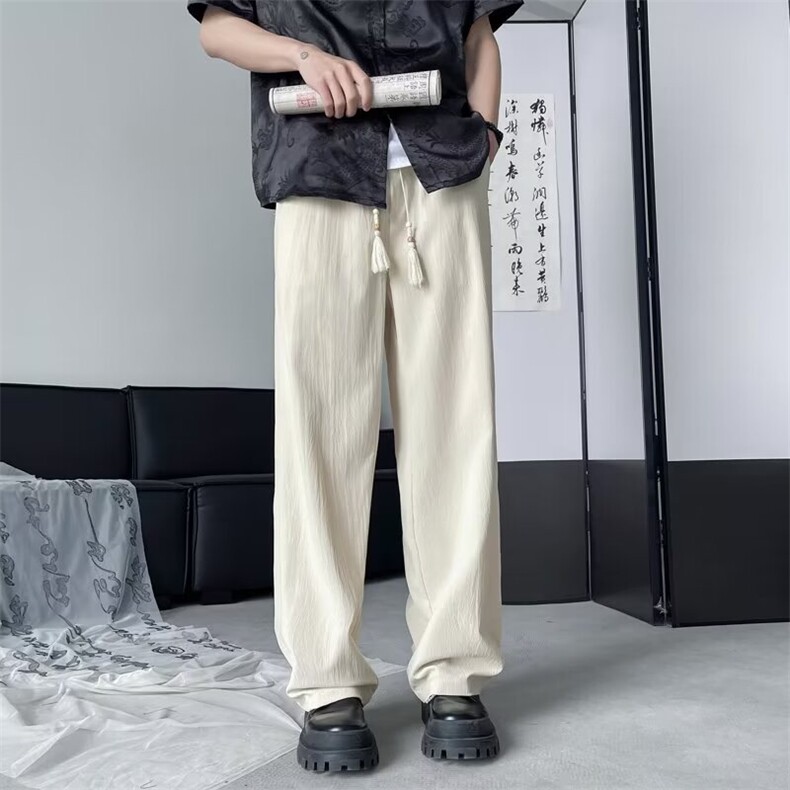 风盘扣褶皱运动裤子男装夏季新中式高级垂感宽松直筒休闲裤阔腿,男装休闲裤,星座410-7