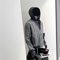 美式连帽假两件男秋季宽松休闲短款pu皮纹理夹克外套JK07638-P78，男装夹克，星座308B-2