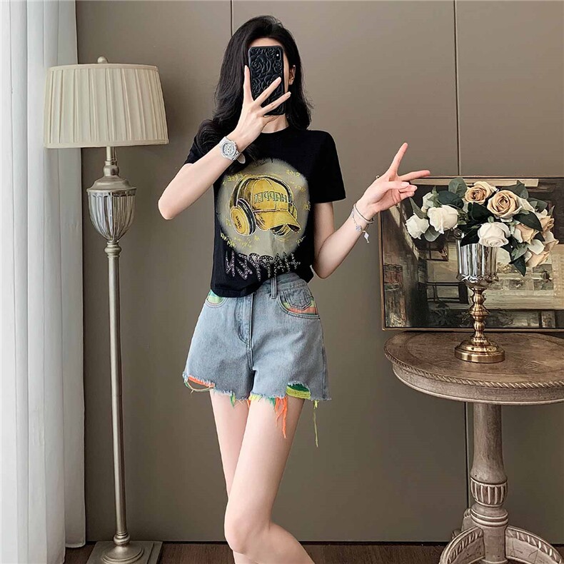 女夏季新款韩版运动休闲套装卡通印花圆领短袖宽松牛仔短裤两件套,女装套装/套裙,江南