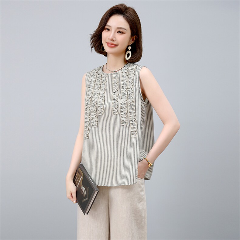 2025年夏季条纹无袖T恤休闲/淑女全棉圆领,女装T恤,小林双子