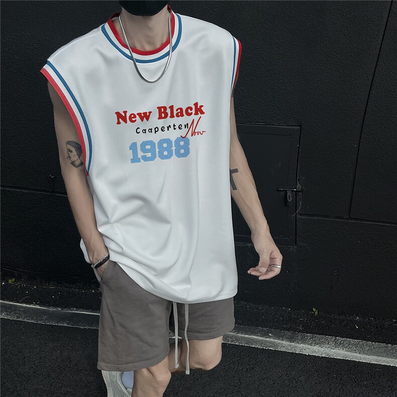 2025夏季新款美式英文字母印花学院风男士无袖背心T恤B23/P35控48,男装休闲套装,电商A148