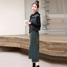 牛仔连衣裙女2025春秋新款休闲欧货遮肚子减龄马甲黑色显瘦三件套，女装套装/套裙，意芙