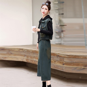 牛仔连衣裙女2025春秋新款休闲欧货遮肚子减龄马甲黑色显瘦三件套图片