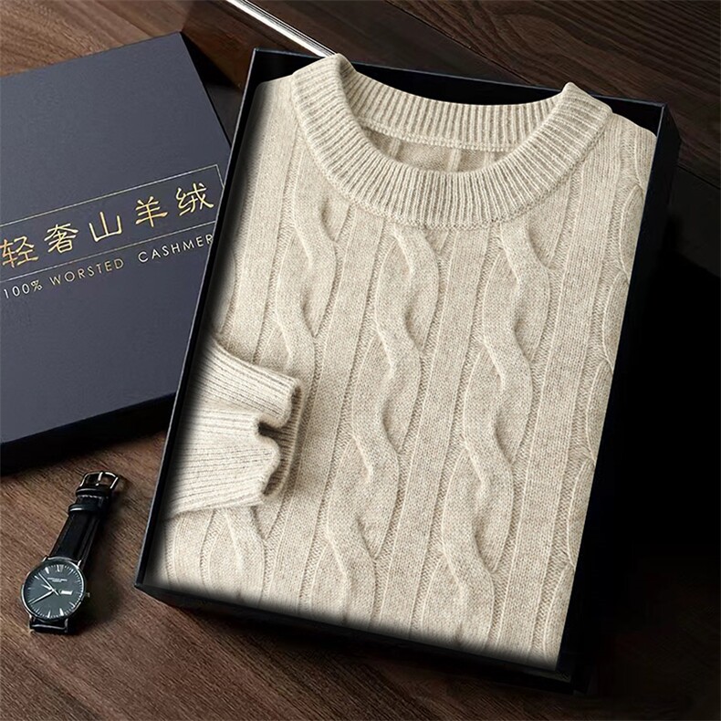 大扭花男士秋冬季新款简约休闲圆翻长袖35%羊绒衫，男装羊绒套衫，台绒羊绒