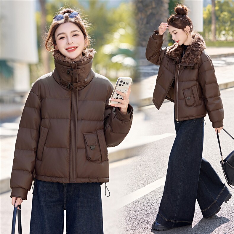 蛋白皮羽绒服女短款2025冬季加厚毛领宽松显瘦pu皮衣短外套百搭女图片
