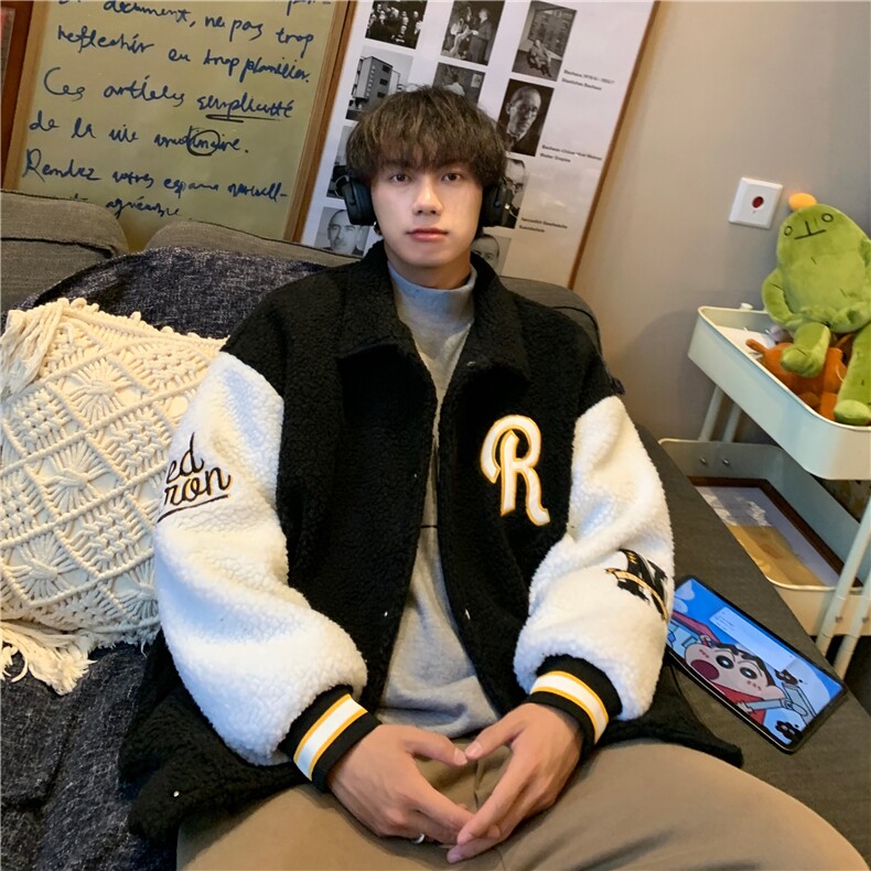 特P75秋冬羊羔毛毛巾绣保暖外套男冬季港风宽松拼接YG256,男装棉衣,电商B370