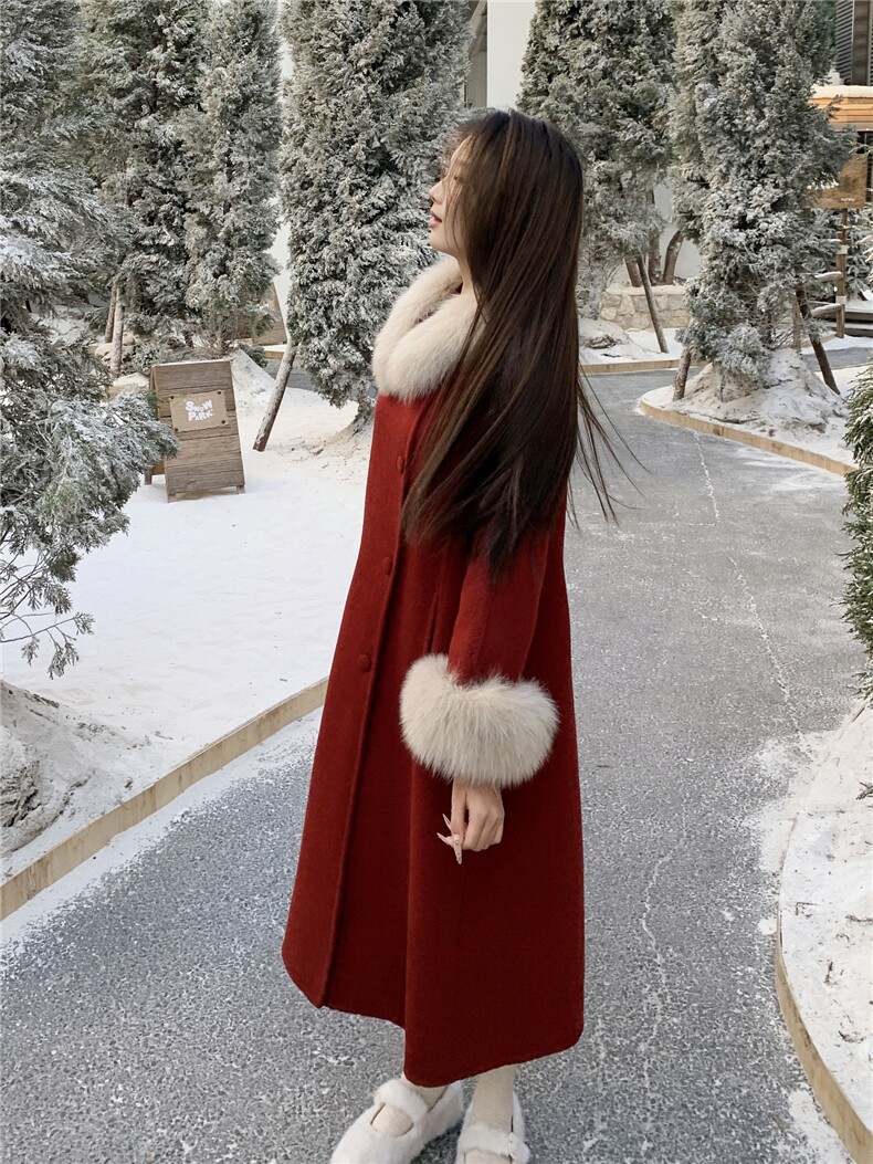 现货新款2177-P450-K669双面羊绒大衣圣诞红配狐狸毛领真袖毛,女装双面呢大衣,然然