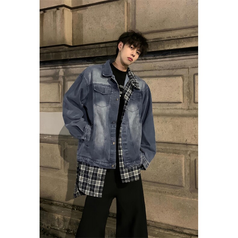 【有货】假两件牛仔外套男春秋格子衬衫拼接工装夹克JK8624CC-P85,男装夹克,星座1007（原301D）