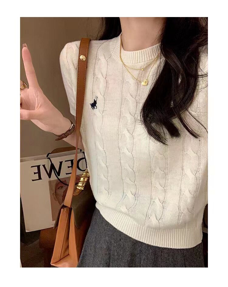 夏季宽松短袖女复古麻花低圆领针织衫百搭修身T恤上衣,女装T恤,半城羊绒