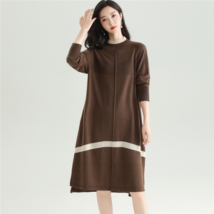 2025秋冬百搭时尚简约圆领拼色长款针织衫，女装针织衫/毛衣，雅之冉羊绒