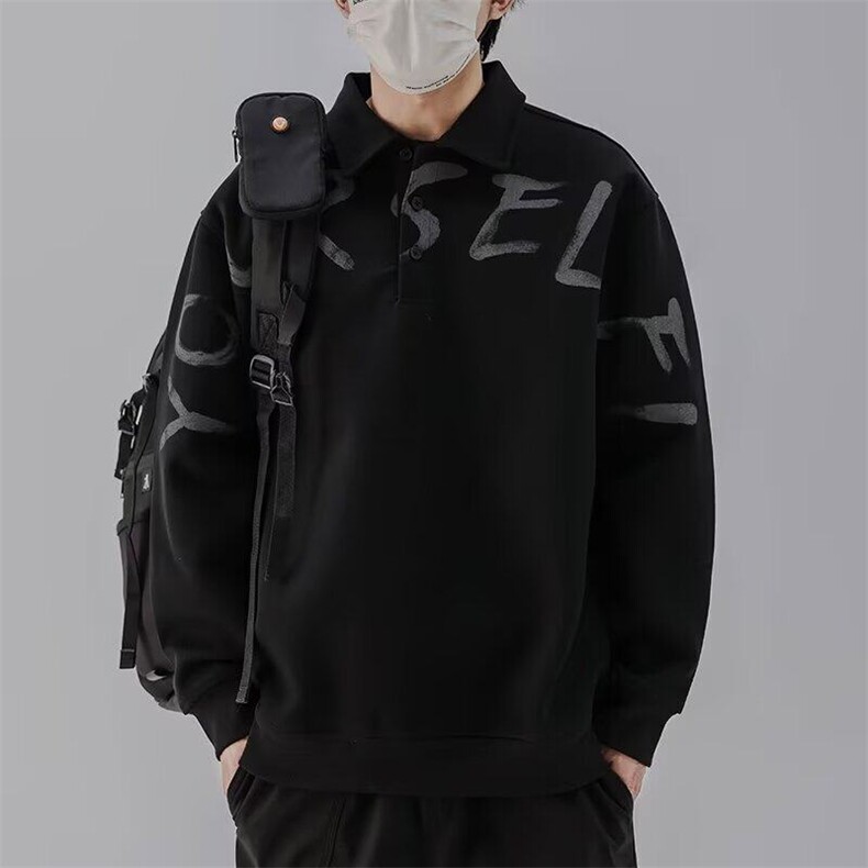GENIOLAMODE黑色翻领卫衣男秋季宽松长袖polo衫潮牌字母休闲上衣,男装卫衣,星座506A