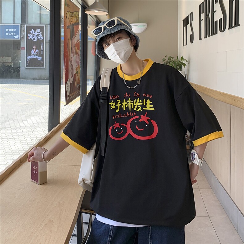 2025夏装新款中性异色包边印花宽松圆领T恤T623/特P2539,男装T恤,电商A148