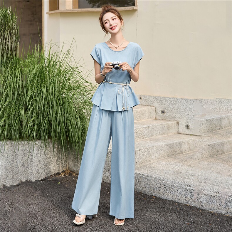 爆款夏装流行穿搭一整套女2025新款时尚套装收腰显瘦阔腿裤两件套,女装套装/套裙,布芭啦