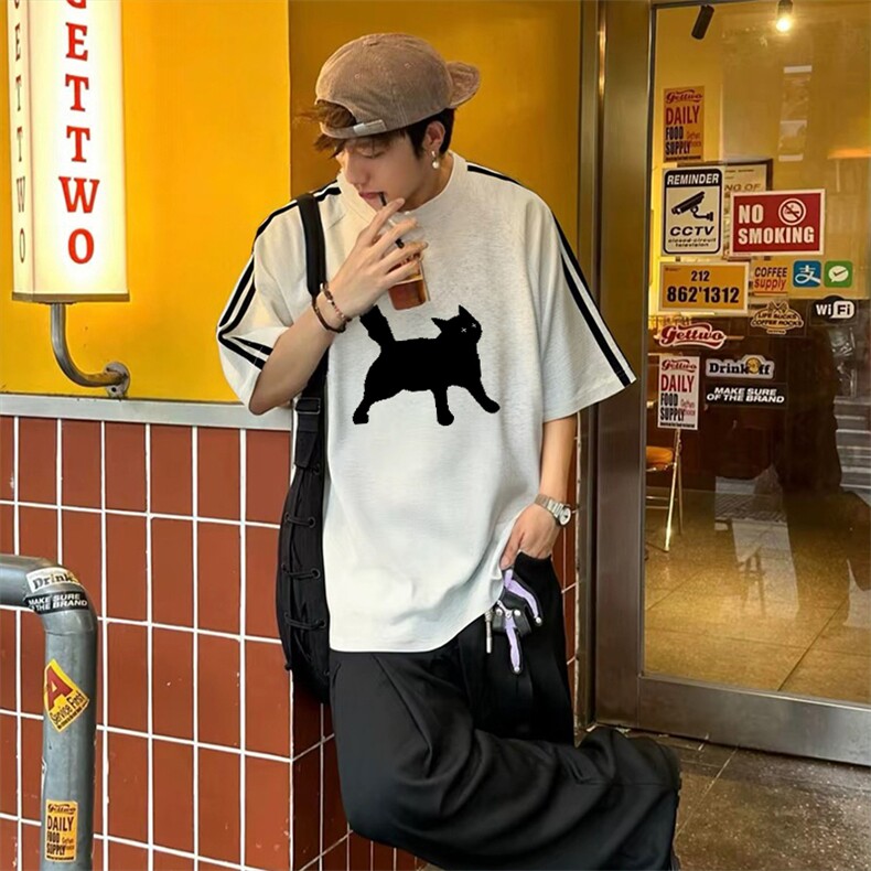 抖音得物高品质二开240克宽松纯棉美式潮牌三条杠织带短袖T恤图片