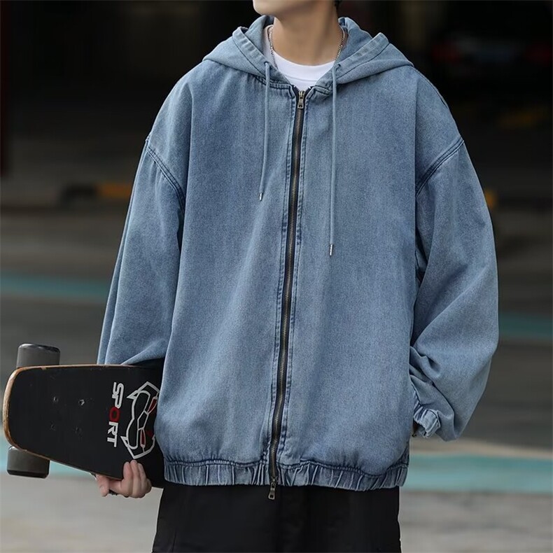 秋款重工男连帽牛仔夹克衫拉链抽绳宽松休闲外套JK9 P88图片