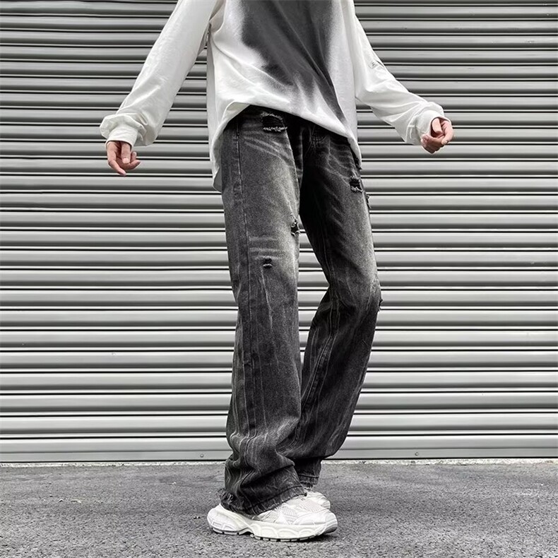 牛仔裤男欧美高街嘻哈潮牌炸街痞帅休闲破洞老爹裤图片