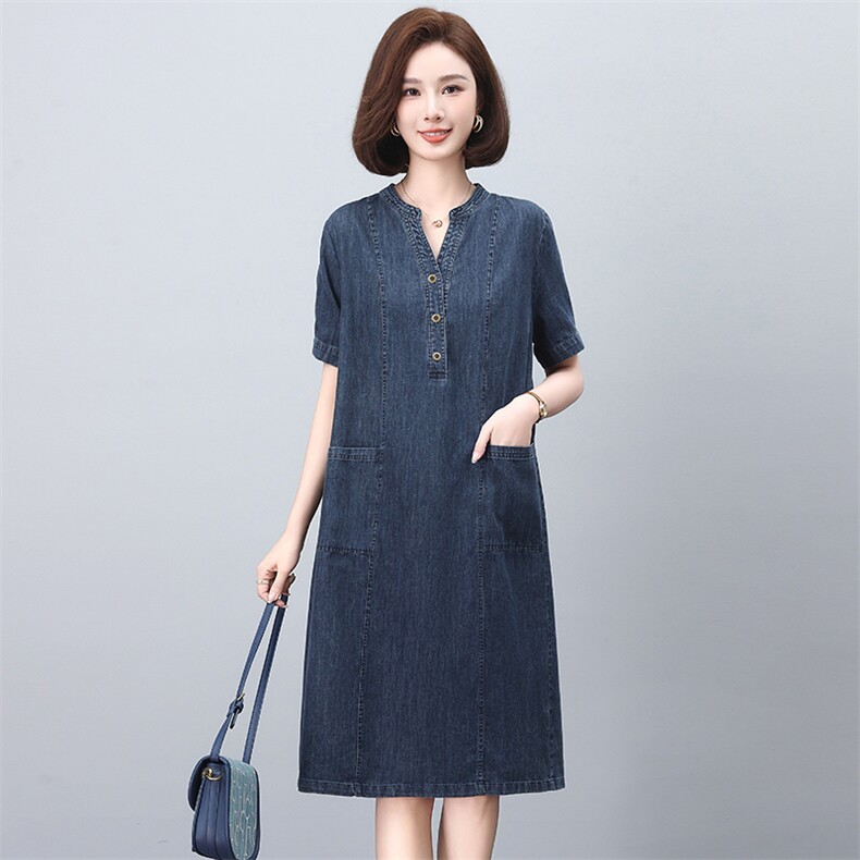 复古薄款短袖牛仔连衣裙女2025夏季新款宽松显瘦遮肉休闲直筒裙子,女装连衣裙,文熹诺