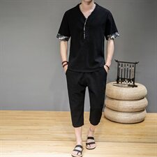 2021中国风夏季亚麻短袖套装男大码棉麻两件套QT6005-TZ06-P65，男装套装，星座1112-5（原712-5）