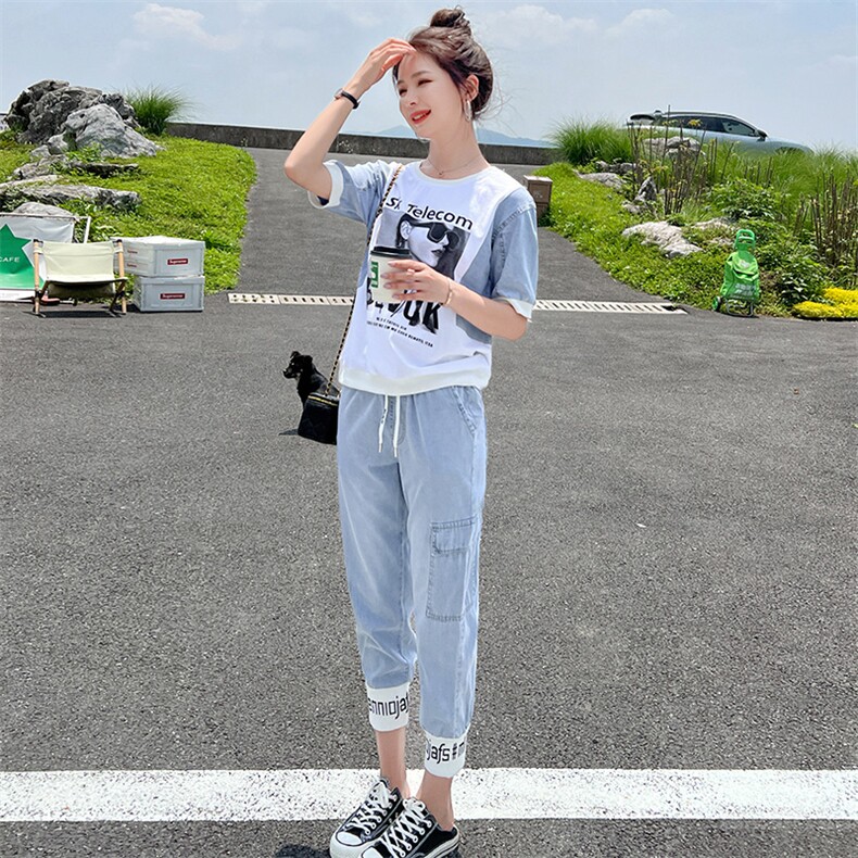 冰丝牛仔套装女2024夏季新款洋气减龄薄款遮肉显瘦休闲运动两件套,女装套装/套裙,靓星雨