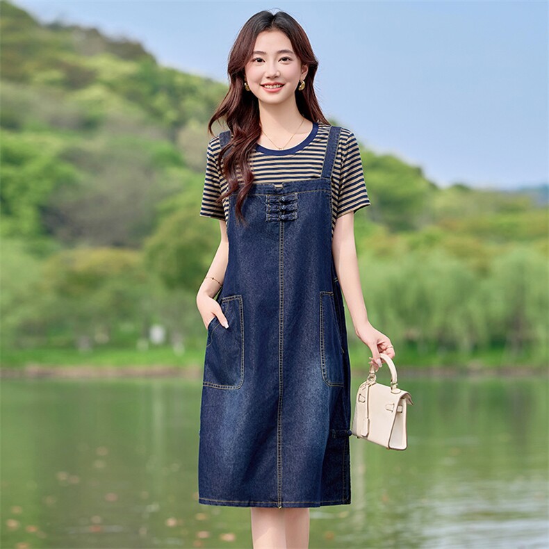 2025夏季女拼接休闲假两件连衣裙遮肉显瘦减龄大码洋气牛仔背带裙,女装连衣裙,利佳可人