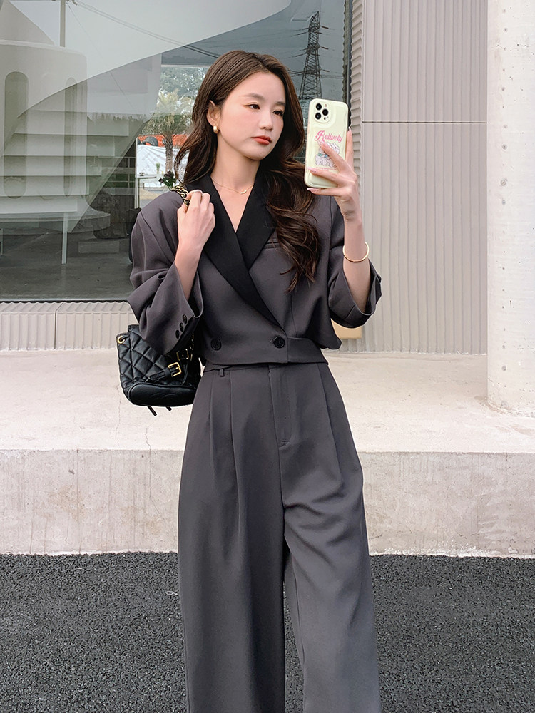 西装高腰女神范长袖通勤刺绣西装领宽松型纯色女职业显瘦气质高腰,女装套装/套裙,浙宝305