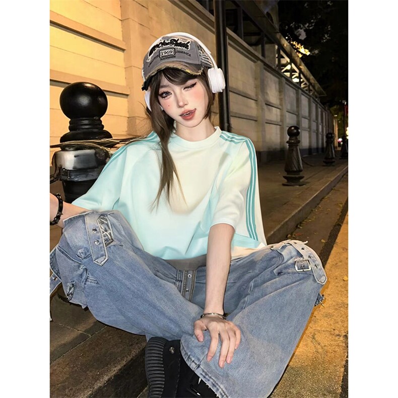 抖音得物品质二开240克宽松纯棉美式潮牌印花三条杠中性风短袖T恤,男装T恤,电商A486