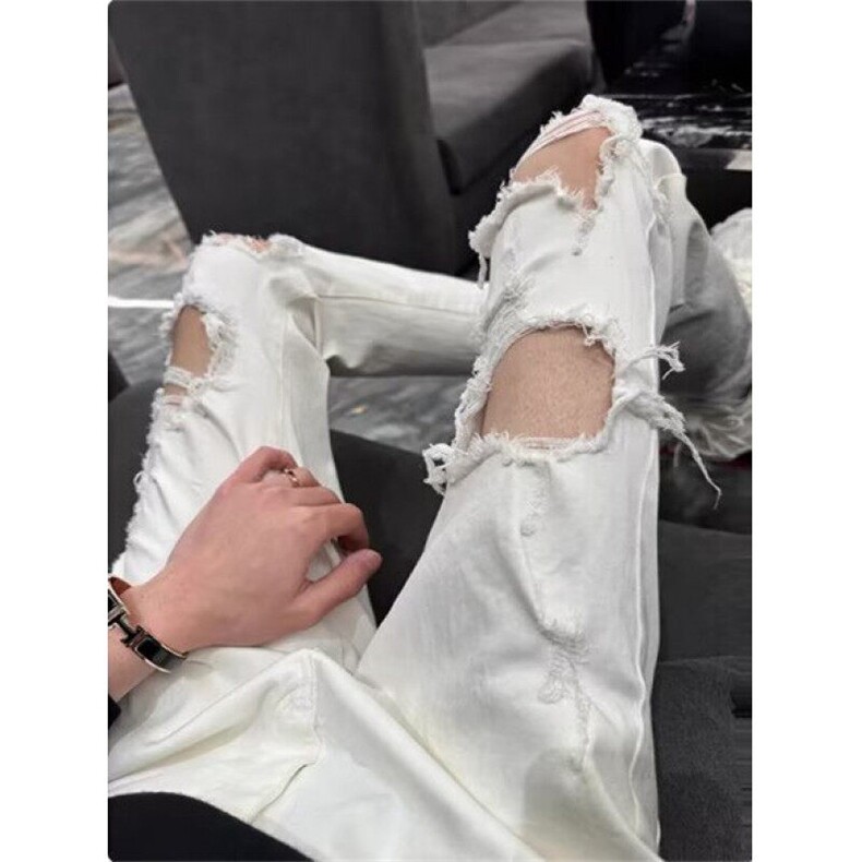 破洞白色牛仔裤男复古水洗百搭长裤薄款宽松直筒裤子N9969,男装牛仔裤,星座1116A（原606A-3）
