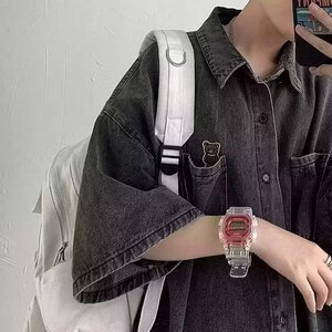 267-P35 港风日系牛仔短袖衬衫男夏季穿搭痞帅衬衣外套图片