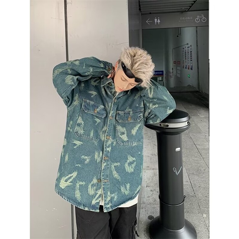 牛仔衬衫男女韩版潮流高街帅百搭拼色2024秋冬ins外套CY1021-P64,男装衬衫,星座412-3
