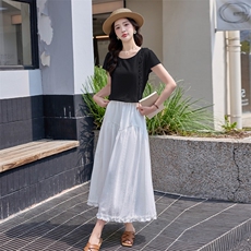 BAO款法式褶皱木耳花边飞飞袖麻料衬衣小个子小衫半身裙两件套，女装套装/套裙，潮流依族