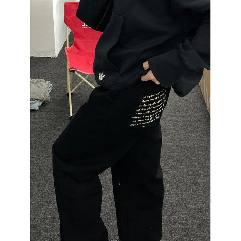 高街刺绣黑色牛仔裤春秋季高腰显瘦宽松直筒阔腿长裤N7702,男装牛仔裤,星座1116A（原606A-3）