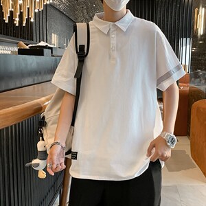 港风POLO衫宽松原宿翻领短袖T恤男加肥大码胖子立领半袖 T693-P30图片