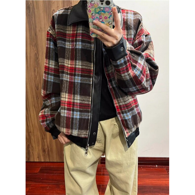 休闲格子双面穿PU皮夹克男秋冬季高街宽松机车服外套JK8565,男装夹克,星座1116A（原606A-3）