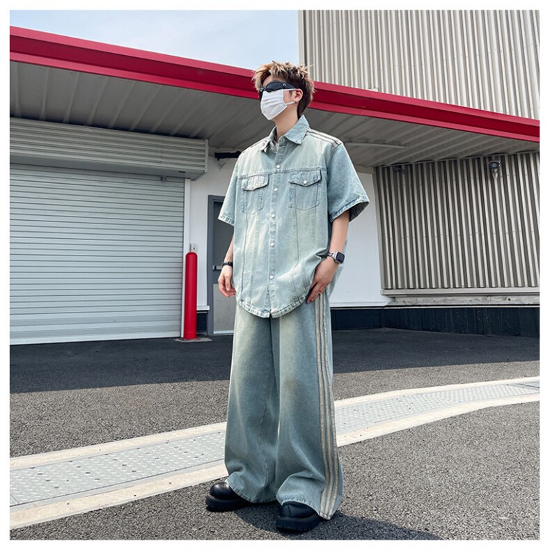 韩系小众短袖牛仔衬衫套装男夏季宽松休闲潮牌衬衣外套TZ019-P105,男装衬衫,星座308B-2